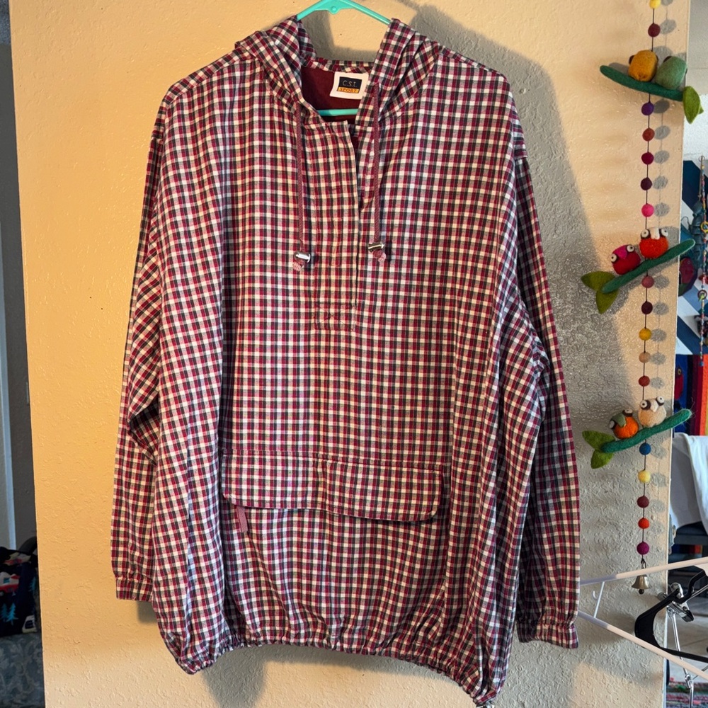 EUC VINTAGE C.S.T Sport 100% Cotton Plaid Hooded Pullover lightweight jacket w